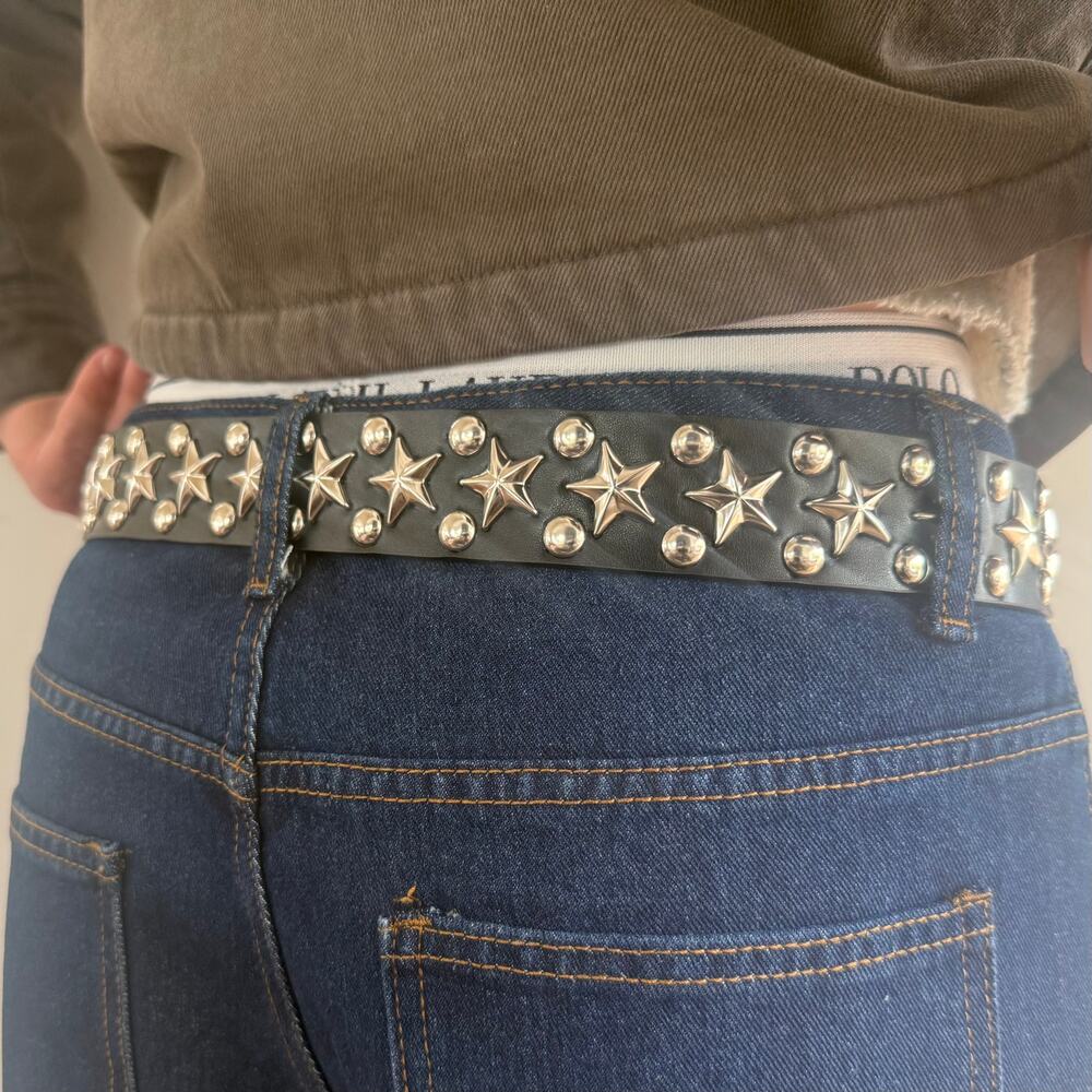 Y2K Black Silver Star Studded Belt Unisex Goth Emo Style 44" Long - Picture 3 of 16